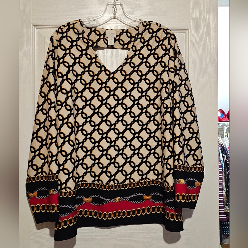 Chico's Black and Cream Chain V-Neck Blouse Sz 2 (L)